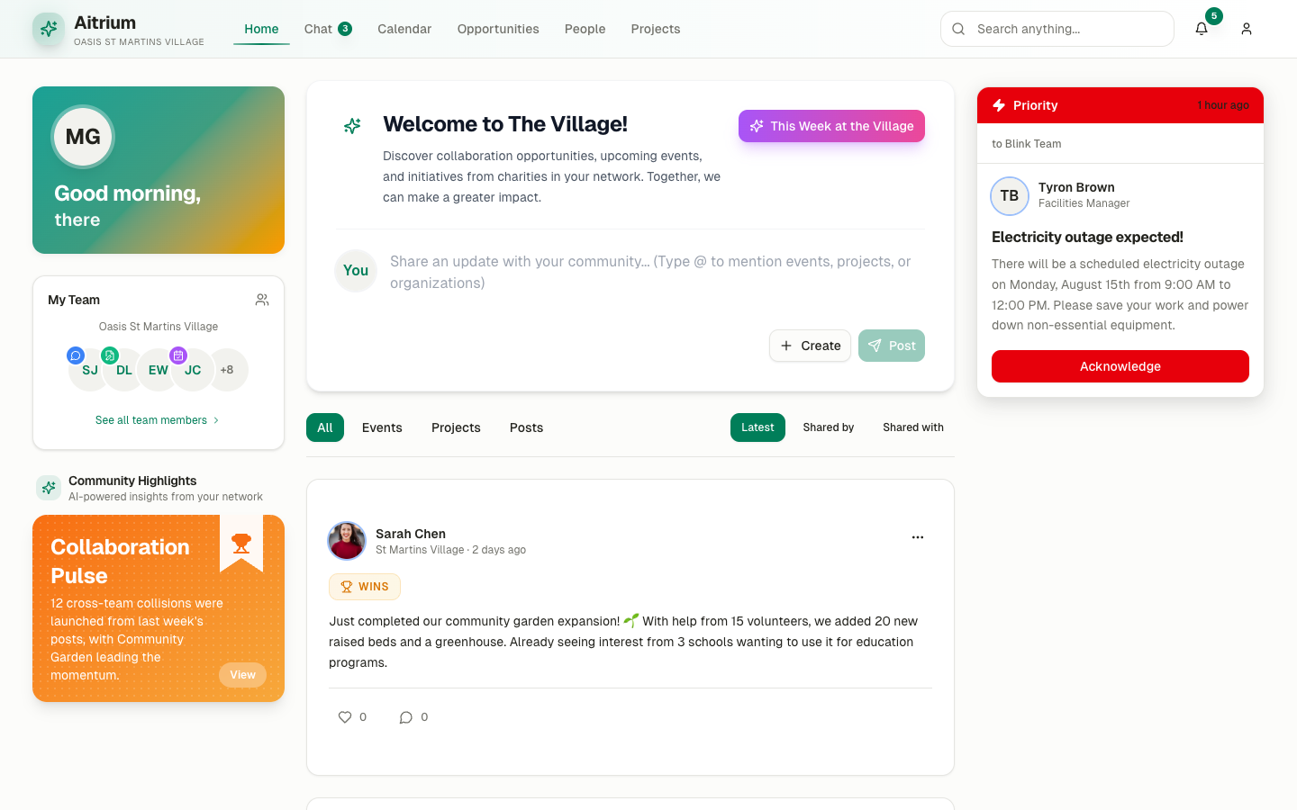 Atrium home feed: a welcome card, a composer, feed filters and this week at the Village.