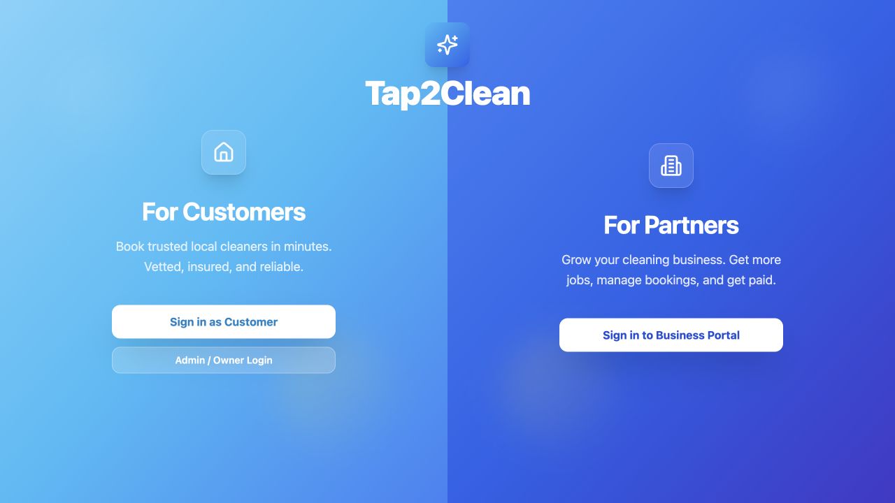 Tap2Clean’s customer and business entry screen, rendered locally from the original prototype.