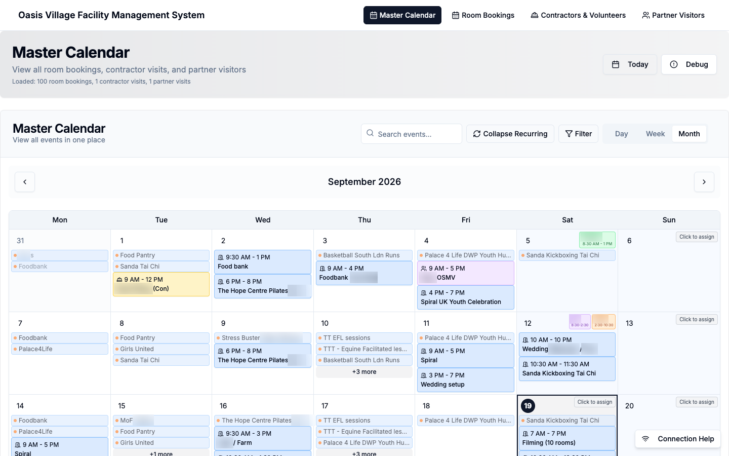 A venue’s room calendar for one month.